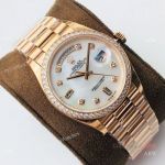 Swiss Replica Rolex Day Date Rose Gold White Mop Dial Diamond Watch 36mm Swiss Cal.3255